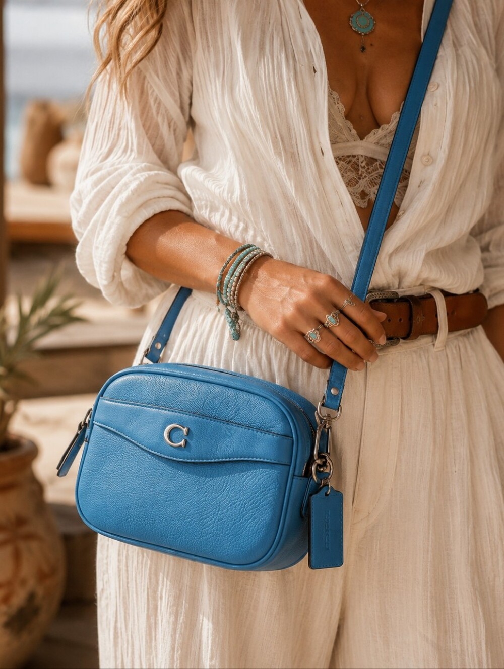 Coach Pool Blue Pebbled Leather Camera Bag Crossbody Purse